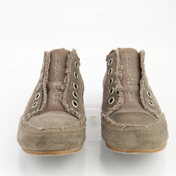 VTG Lucky Brand Womens Sneaker Size 7 Tan Suede Laceless Slip On Frayed Shoes 90 - Picture 2 of 12